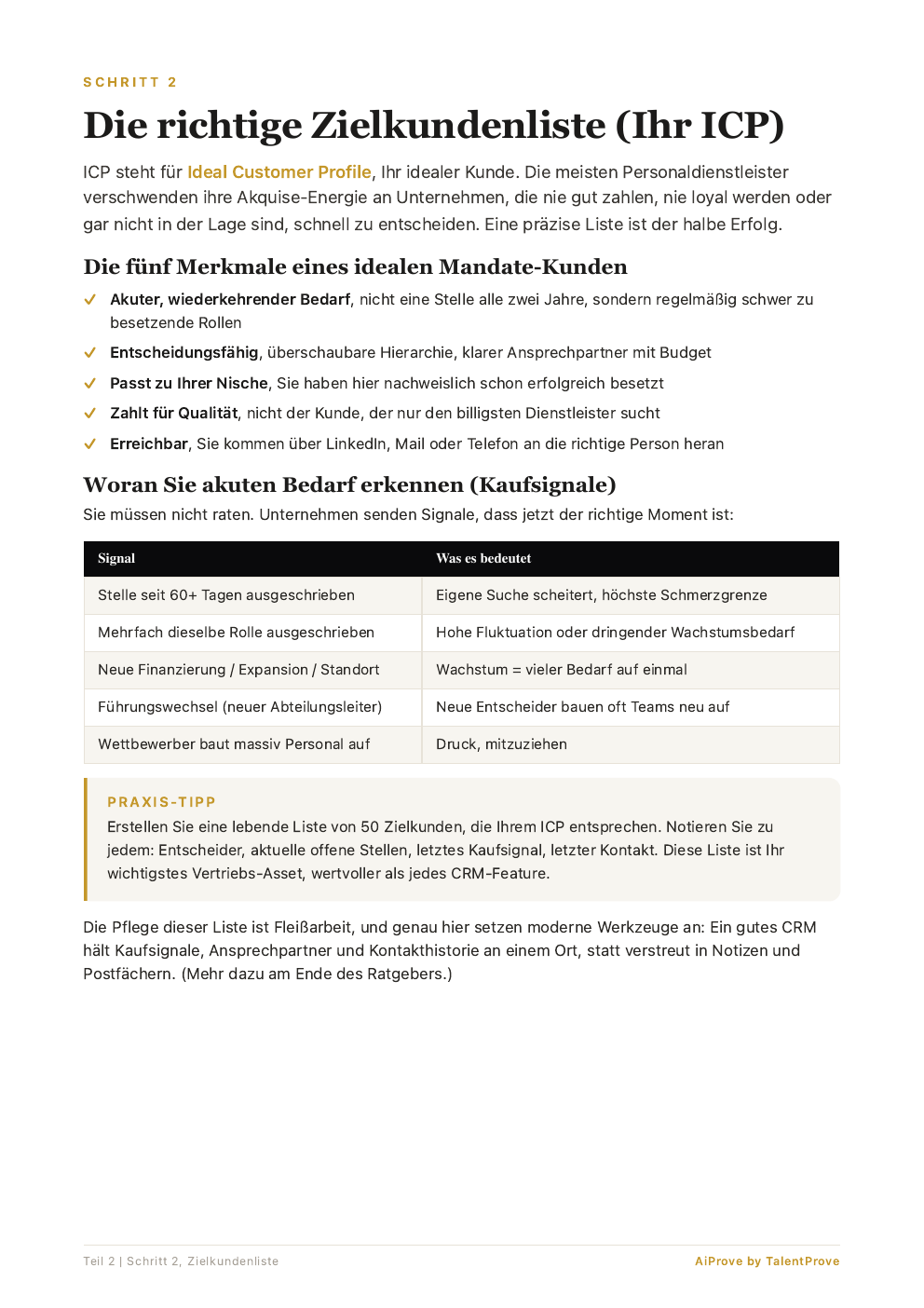 Innenseite: Zielkundenliste und Kaufsignale